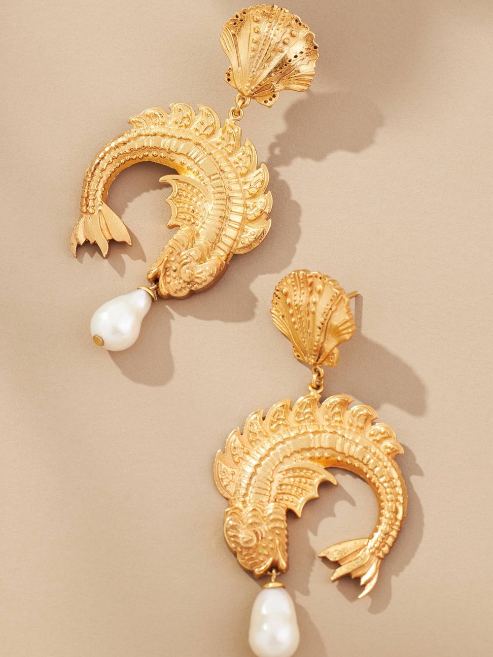 Alemais Gold Fish Drop Earrings with White Pearl